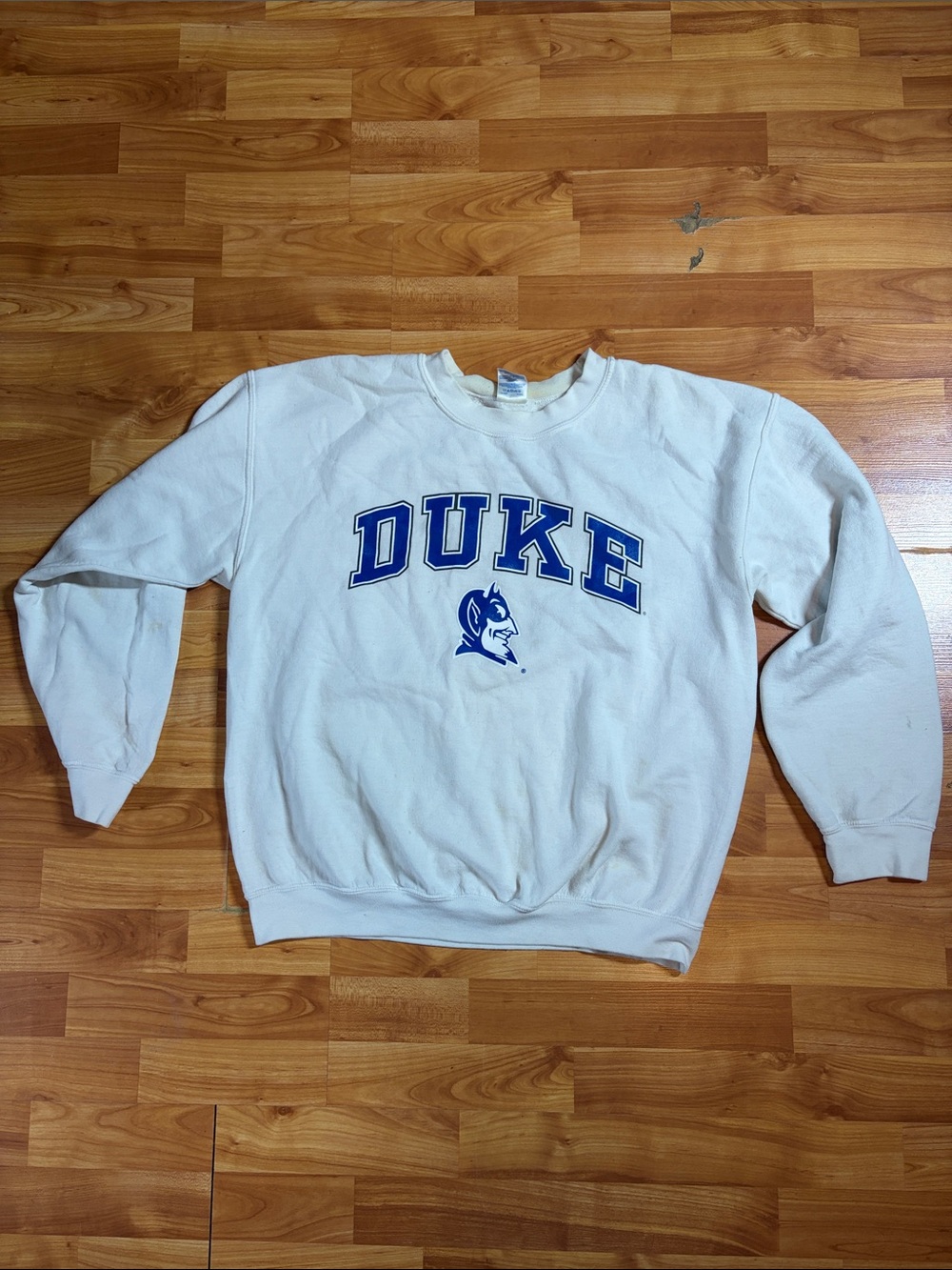 Duke Blue Devils White Crewneck Sweatshirt with Blue Logo